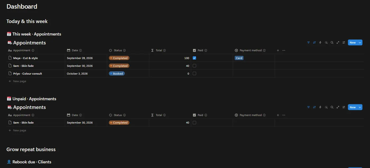 Appointment Studio OS dashboard in Notion: this week's appointments with totals and payment status calculated