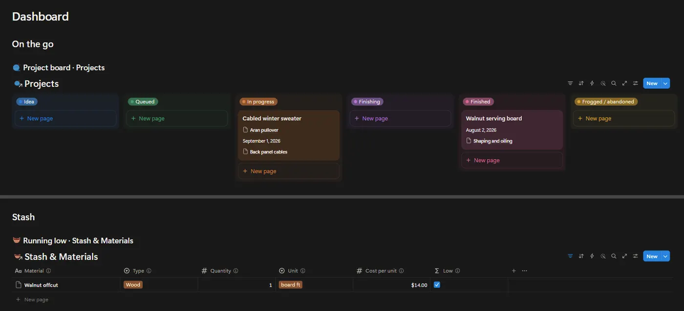 The Hobby Projects OS dashboard in Notion with example data