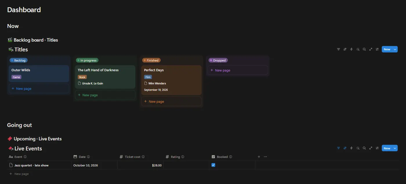 The Watch, Read & Play OS dashboard in Notion with example data