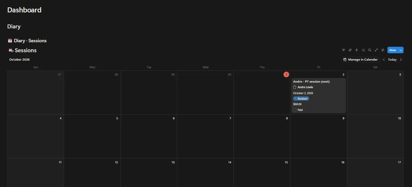 The Solo Stylist & Trainer OS dashboard in Notion with example data